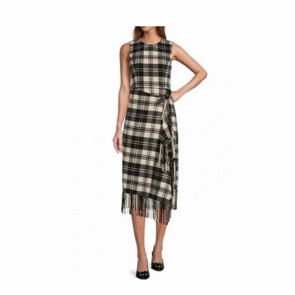 ANTONIO MELANI Dresses & Skirts - NWT Antonio Melani Tula Plaid Print Wrap Front Fringe Hem Midi Dress
